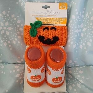 NWT Rising Star Jackolantern Headwrap Sock Set Halloween Costume 0-12M Baby New